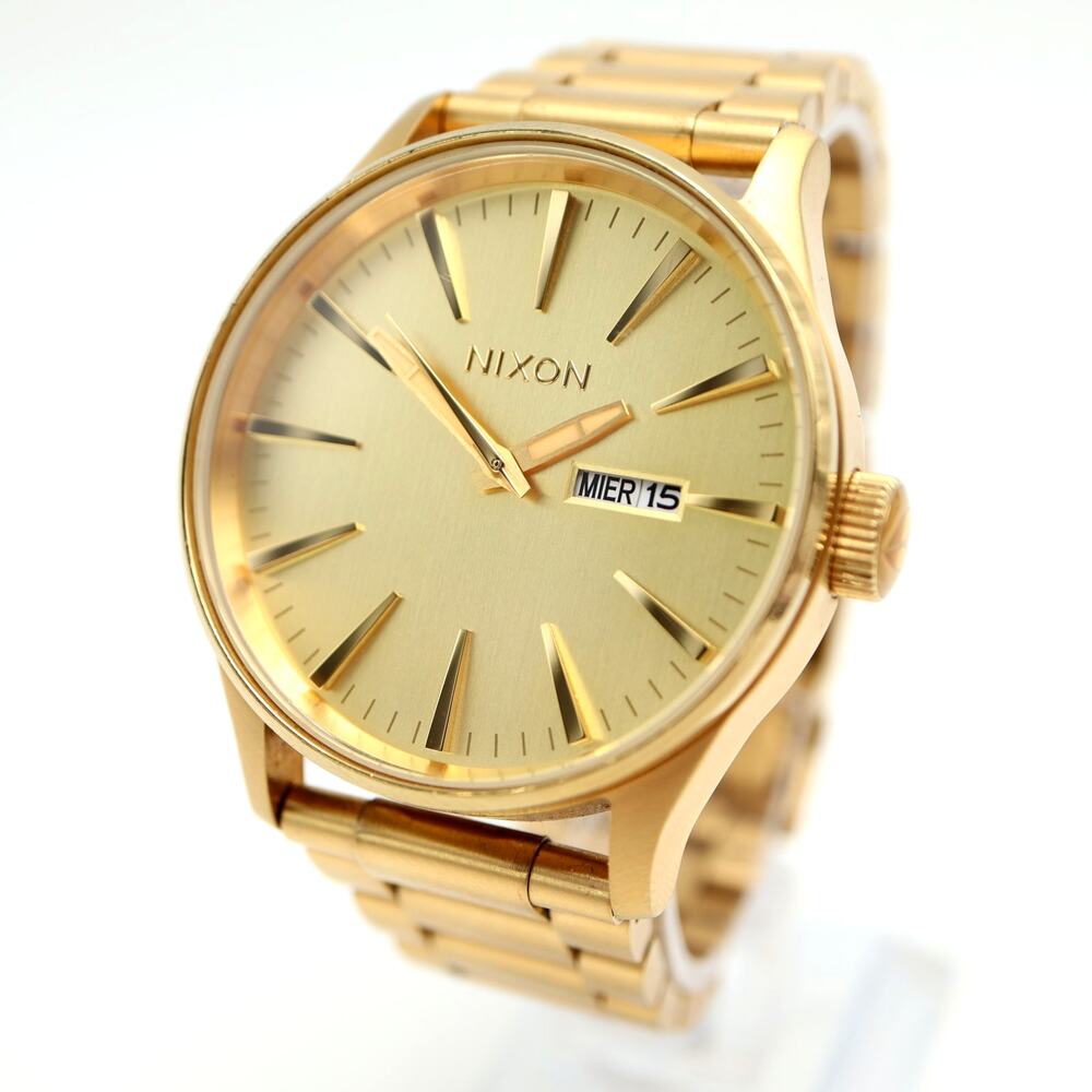 Nixon The Sentry SS Gold Tone 43mm Day Date Watch Steel Bracelet w New Battery